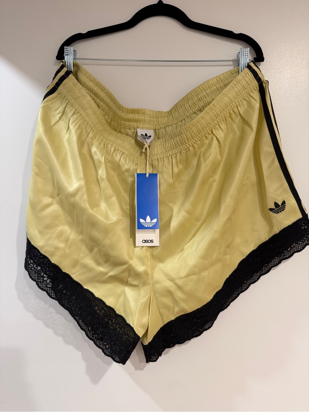 Brand new adidas Yellow Satin Shorts with Black Lace Trim - Picture 2 of 3